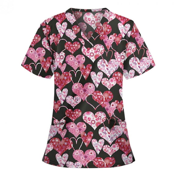 New Year New You! Snorda Womens Nursing Scrub Tops Valentine's Day Love Heart Printed Working Uniform Short Sleeve V-Neck Workwear Blouse T-shirt with Pockets