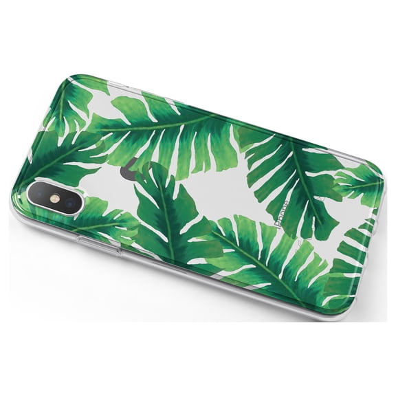 DistinctInk Clear Shockproof Hybrid Case for iPhone X / XS (5.8" Screen) - TPU Bumper, Acrylic Back, Tempered Glass Screen Protector - Tropical Banana Leaves