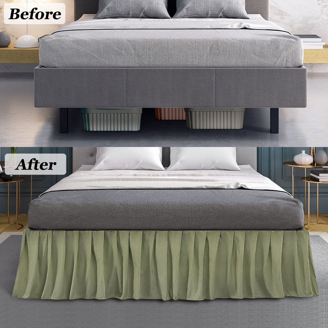 PiccoCasa Ruffled Brushed Bed Skirts Polyester Platform 16" Drop Queen Olive Green
