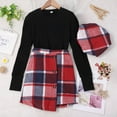 thumbnail image 3 of Mercatoo Teens Girls Skirt Set Long Sleeve Knitted Ribbed Shirt Tops Plaid Skirt Beret 3Pcs Outfit Kid Fall Winter Clothes, 3 of 7