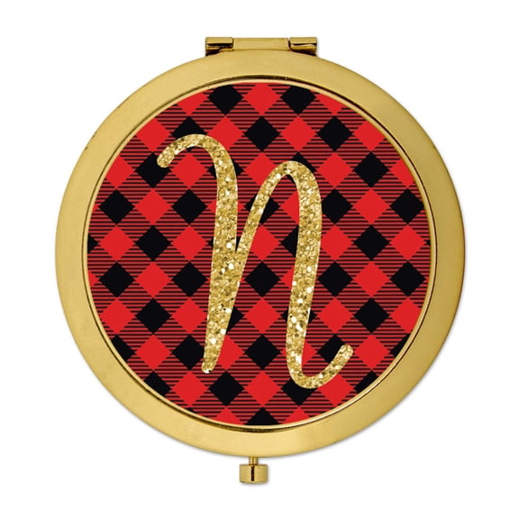 Koyal Wholesale Gold Compact Mirror Bridesmaid's Wedding Gift, Buffalo Red Plaid | Gold Glitter, Monogram Letter N, 1-Pk