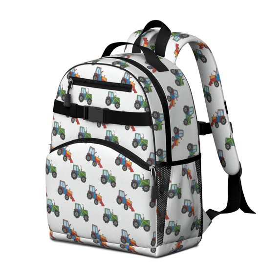 Tractor and Loaders Gray Pattern Cute School Backpack Bag for School with Padded Back and Adjustable Shoulder Straps 15.25"x11.5"x5.25"
