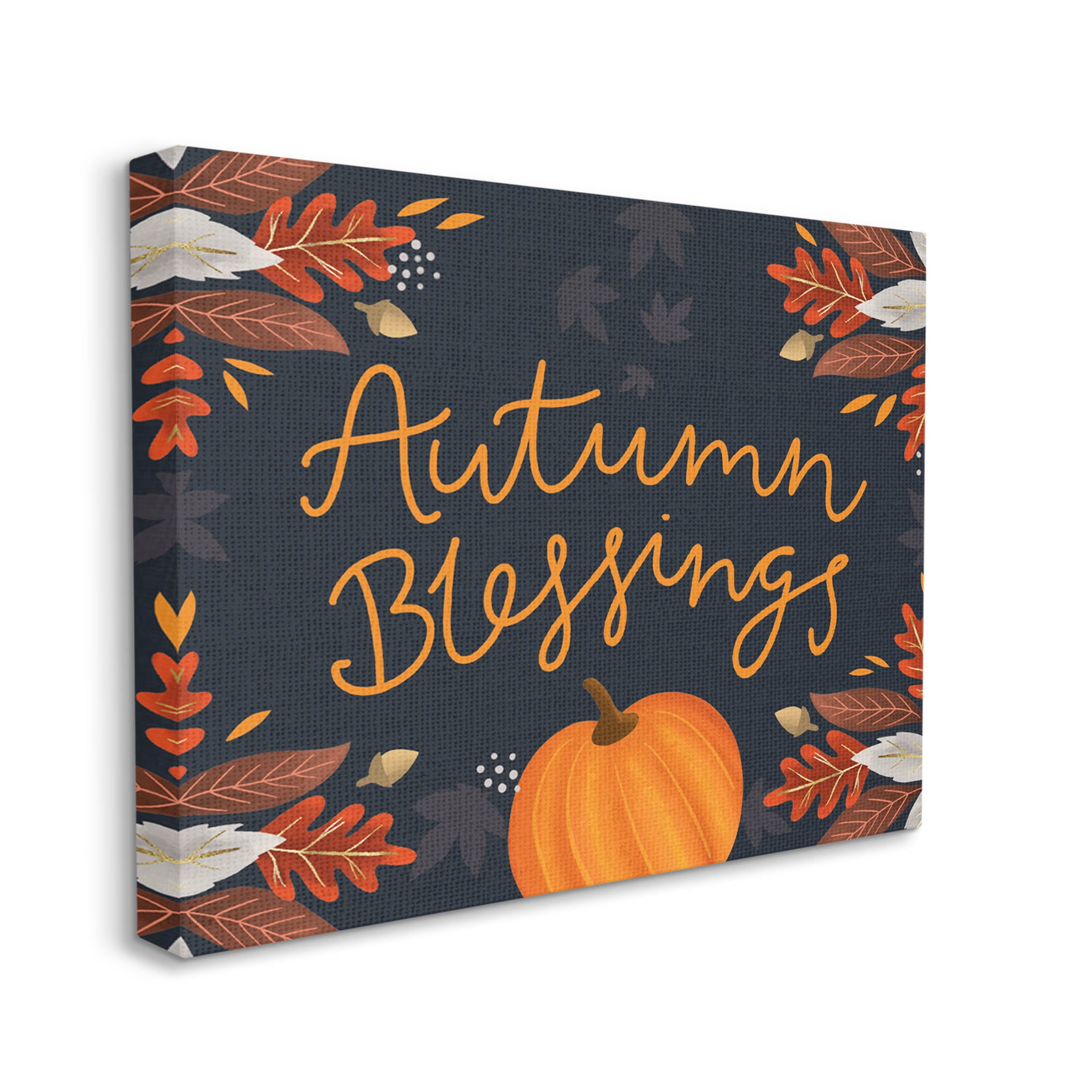 Autumn Blessings Fall Leaves Pumpkin Holiday Graphic Art Gallery Wrapped Canvas Print Wall Art