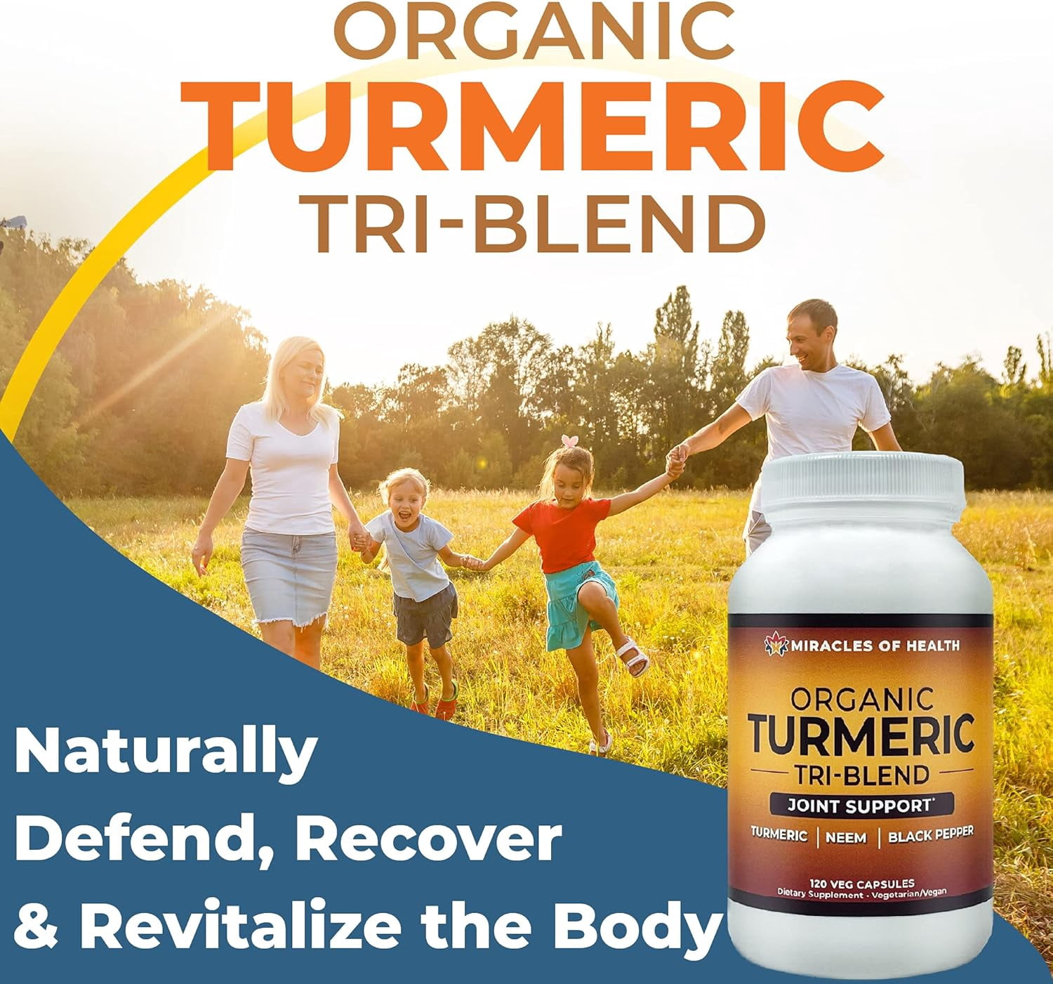 Turmeric Tri-Blend – Daily Health Boost, Immune Defense and Joint Support | All-Natural Herbal Supplement| 120 Veg Capsules with Organic Neem, Black Pepper and Turmeric