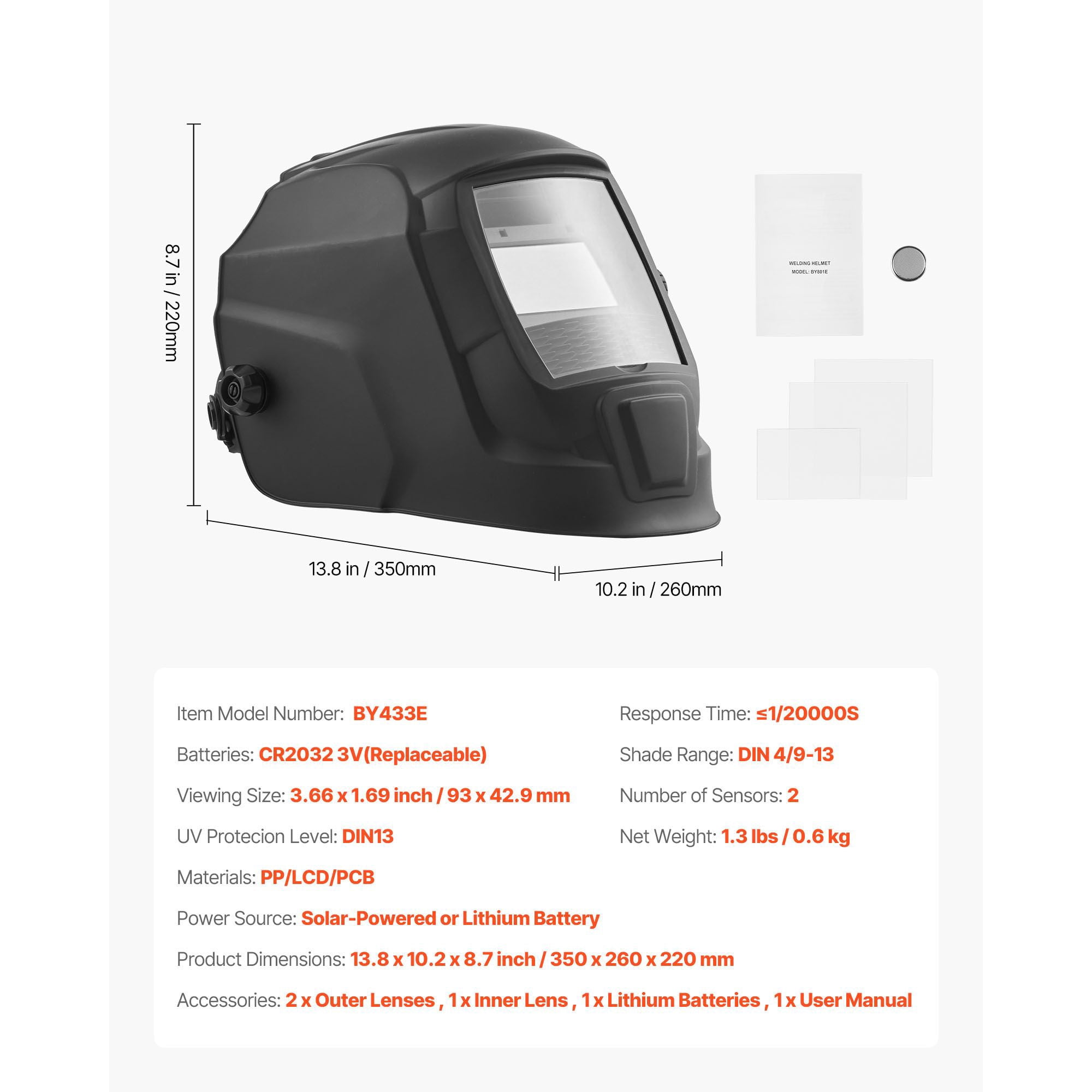 Auto Darkening Welding Helmet, True Color Technology 3.66x1.69 Inch Viewing Screen, 1/20000s Response, DIN 4/9-13 Adjustable, Solar Powered for Welding and Grinding