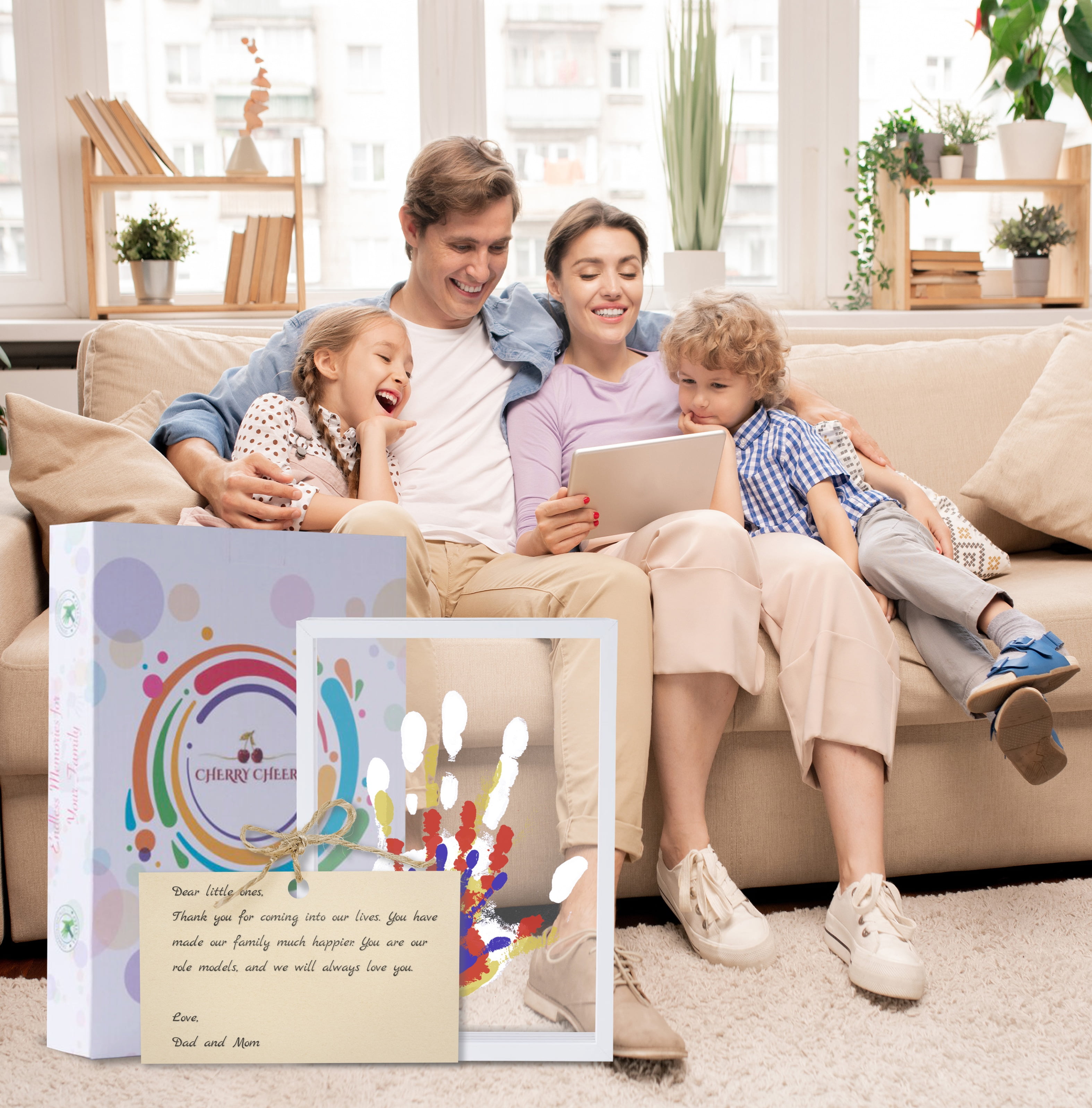 Family Handprint Kit, DIY Craft Keepsake Wood Frame, Endless Gift Set, 4 Transparent Sheets - Brown