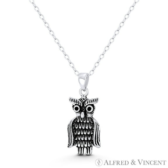 Perched Owl Bird Animal Charm & Black CZ Crystal 24x10mm (0.9x0.4in) Pendant & Chain Necklace in Oxidized .925 Sterling Silver