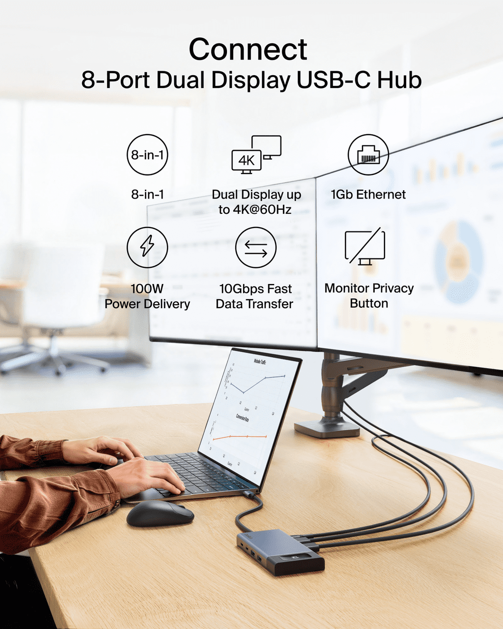 Belkin USB-C Hub, 8-in-1 Multi-Port Docking Station 100W - Dual Display Support for Mac, Windows and Chromebook - 10Gbps data transfer speeds, Ethernet, resolutions up to 4K@60Hz