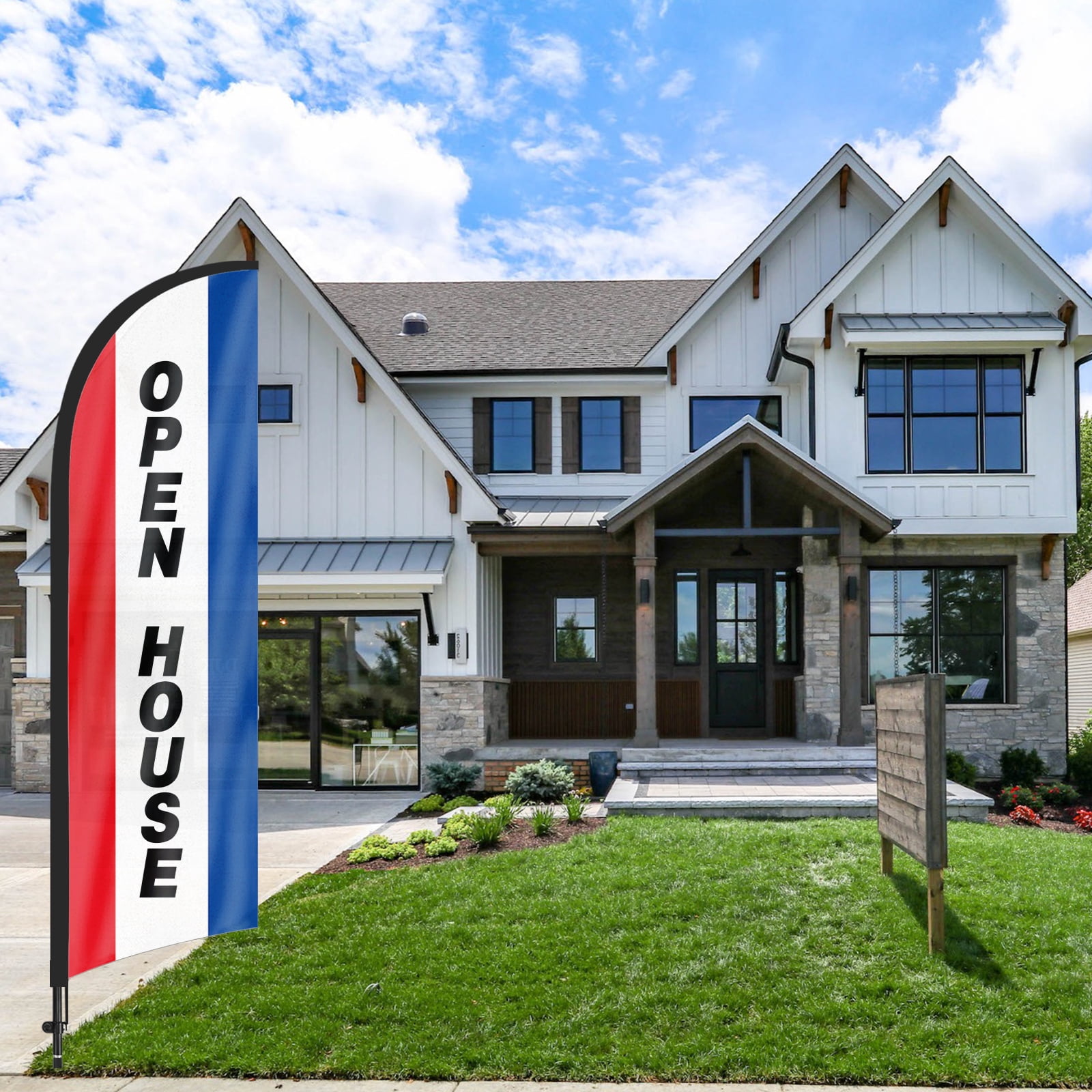 QSUM Open House Feather Flag with Flag Pole Kit and Ground Spike, 8.2FT Open House Windless Flag Banner Sign Business for Welcome Agent Inside Outdoor Advertising Sign Decoration Display