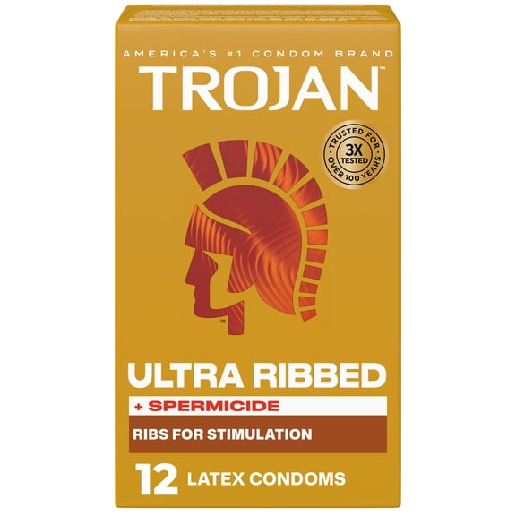 Trojan Ultra Ribbed Plus Spermicide Latex Lubricated Ribbed Condoms, 12 Count