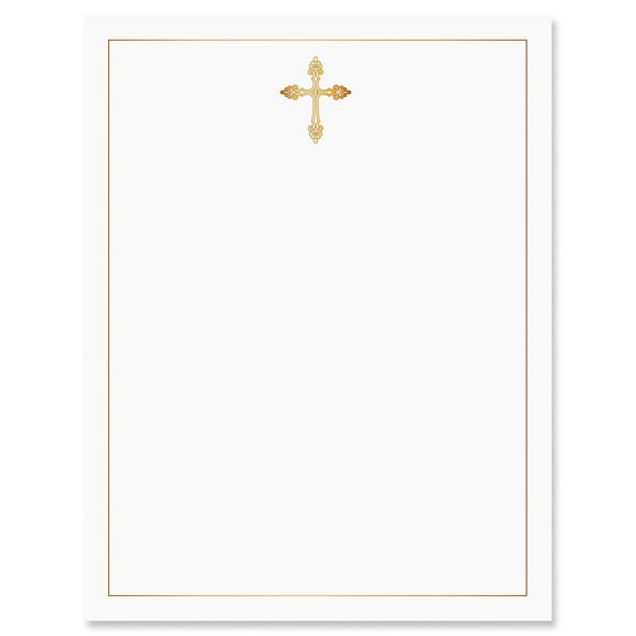 Golden Cross 2 Faith Letter Papers - Set of 25, Religious stationery papers, 8 1/2" x 11", compatible computer paper, Christian Letterhead, Confirmation, Communion, Baptism