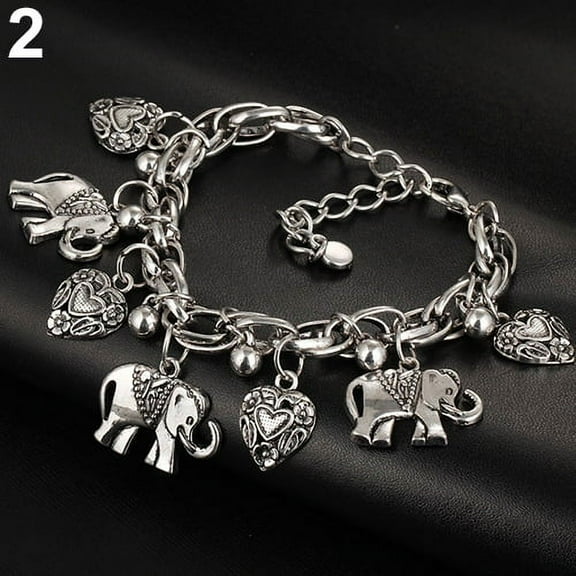 Skymirror Women's Vintage Unique Carved Heart Elephant Shiny Pendant Bracelet Bangle
