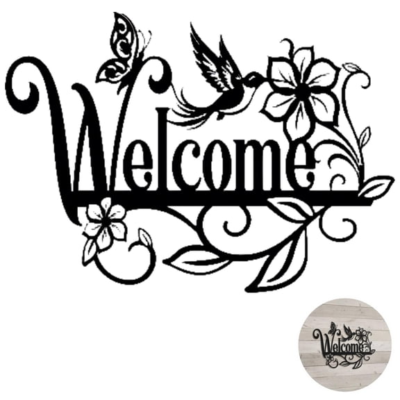 Welcome Sign Metal Wall Art Decor, Matte Black Iron Butterfly Hummingbird Flower Motif for Home Porch Entryway Living Room, 13 x 9.8 x 0.4 inches