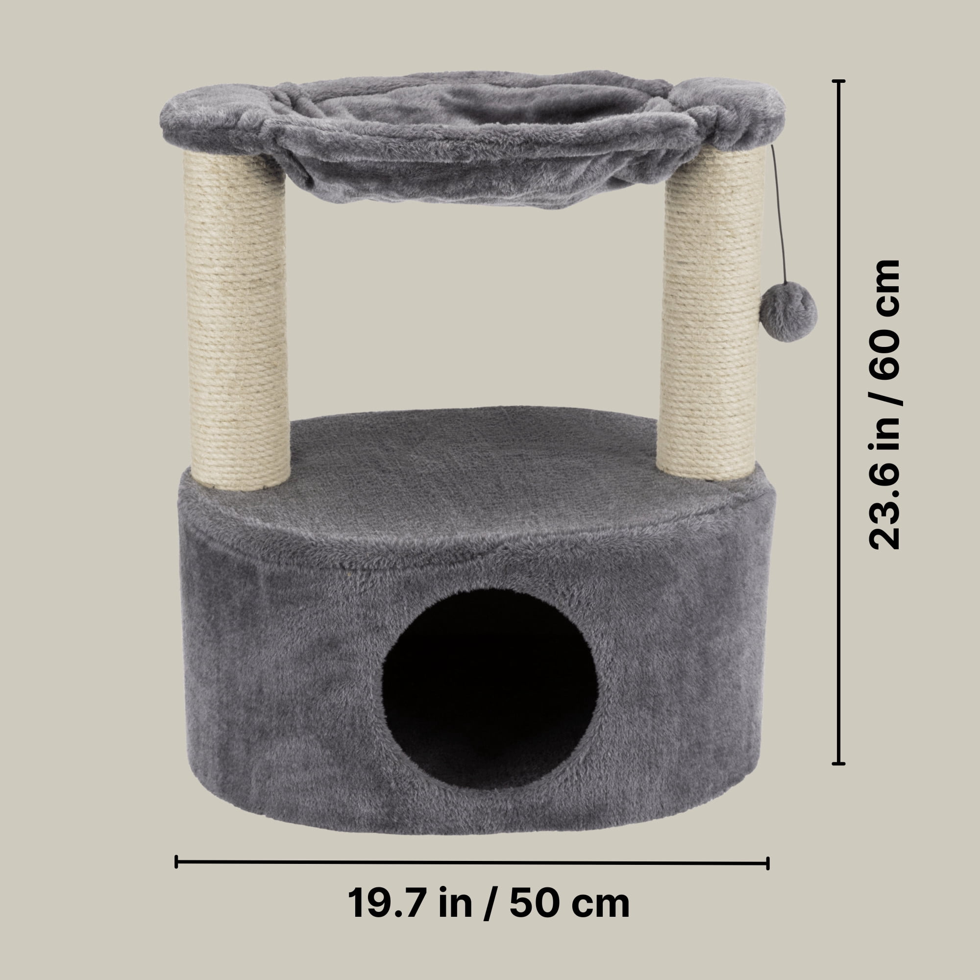 TRIXIE Baza Grande Plush & Sisal 24" Cat Tree, Cat Condo and Hammock, Cat Toy, Gray