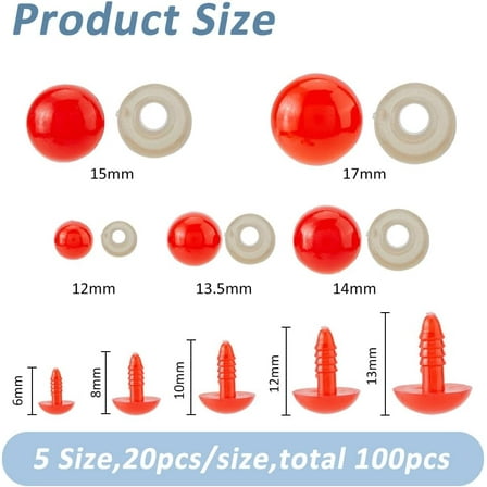 100Pcs 5 Sizes Safety Eyes 6mm~13.5mm Crochet Red Eyes Round Craft Crochet Eye with Washers Plastic Stuffed Animal Eye for DIY Puppet Bear Plush Animal Amigurumi
