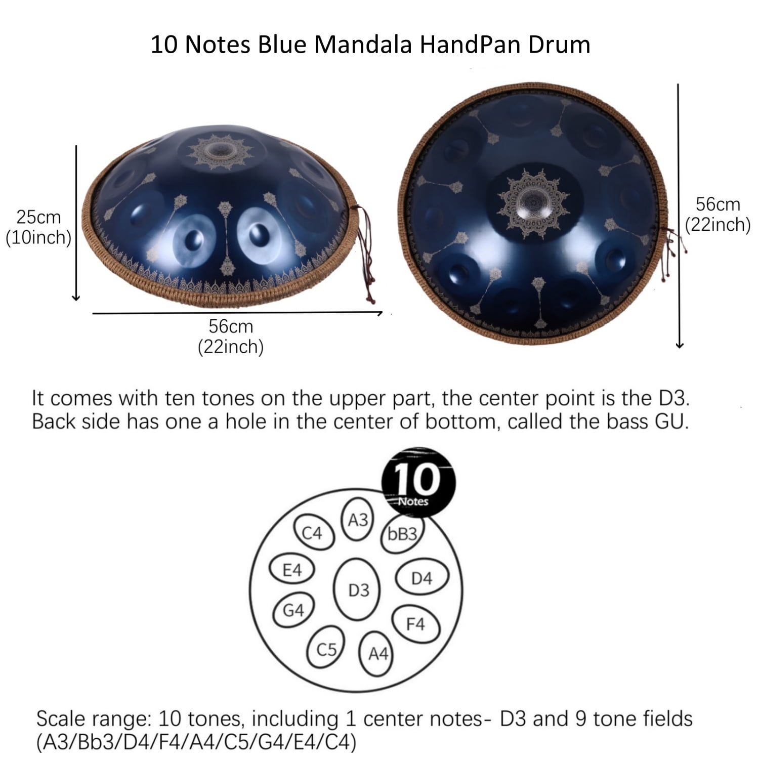 440HZ Tambourine Drum in D Minor 22Inch Blue 10 Notes Mandala Handpan Drum with Soft Hand Pan Bag