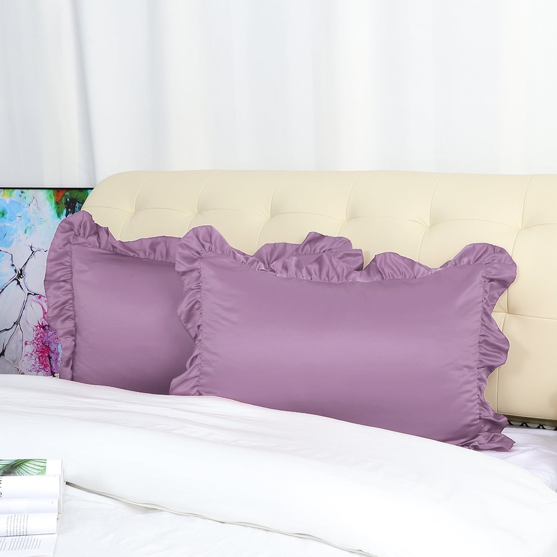 Unique Bargains 4-Piece Satin Ruffled Edge Pillow Shams, Standard, Mauve