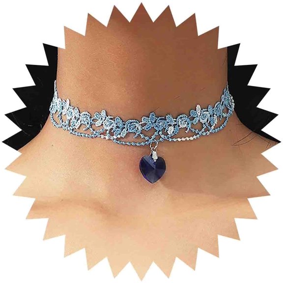 Boho Lace Choker Necklace Sapphire Heart Pendant Necklace Blue Short Lace Necklace Hollow Lace Flower Collar Necklace Jewelry for Women