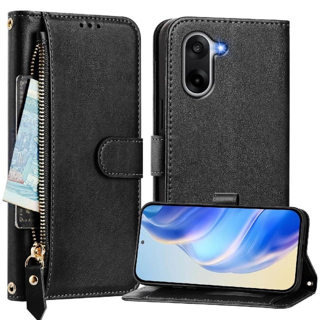 FOXDOCK Funda Tipo Cartera para Xiaomi Poco F7 Ultra 5G Cuero PU con Cremallera y Correa de Muñeca, Ranuras para Tarjetas, Soporte Plegable, Cierre Magnético