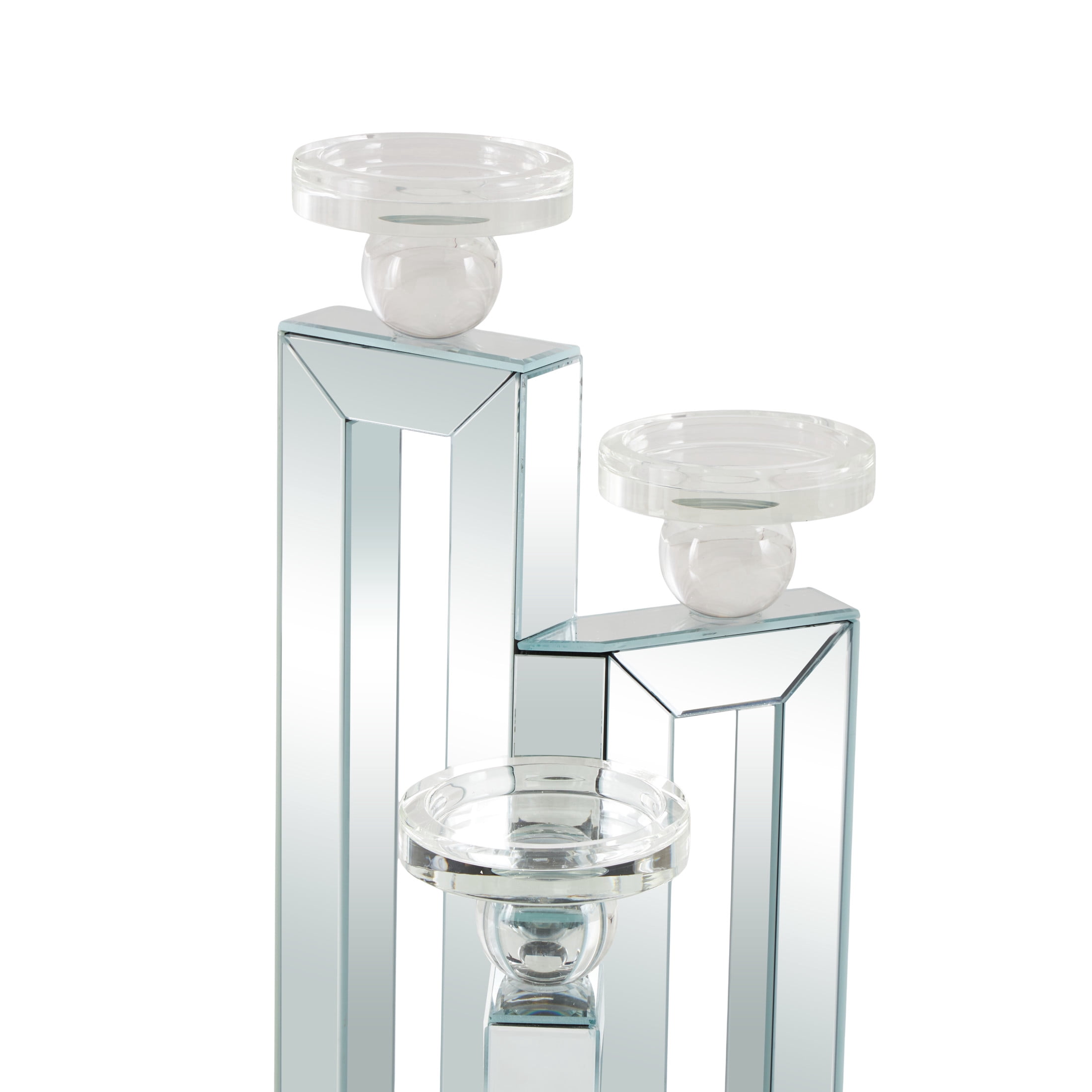 DecMode Glam Wood 3 Plate Pillar Candlle Holder with Silver Beveled Glass Finish, 7"W x 21"H