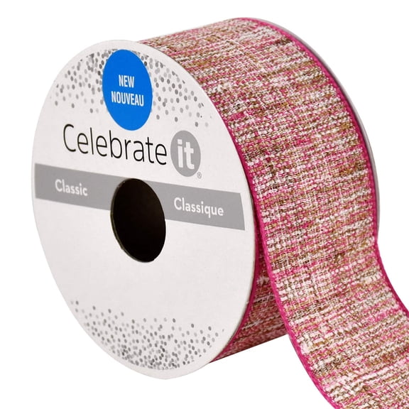 1.5" x 3yd Faux Cotton Wired Ribbon Rolls by Celebrate It – Fuchsia - Light Pink & Tan Woven Decorative Ribbon for Crafts - Gift Wrapping - Apparel & Holiday Decor