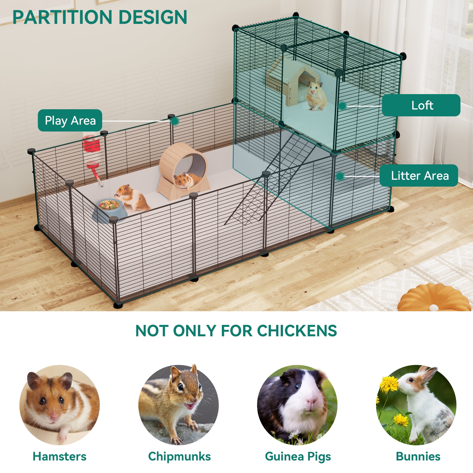 Dextrus Small Animal Cage with Waterproof Liner,Indoor Guinea Pig Habitat, Puppy Pet Chinchilla Playpen, DIY-Friendly Pet Fence with 30PCS Metal Grids, Loft, and Partition for Versatile Configuration