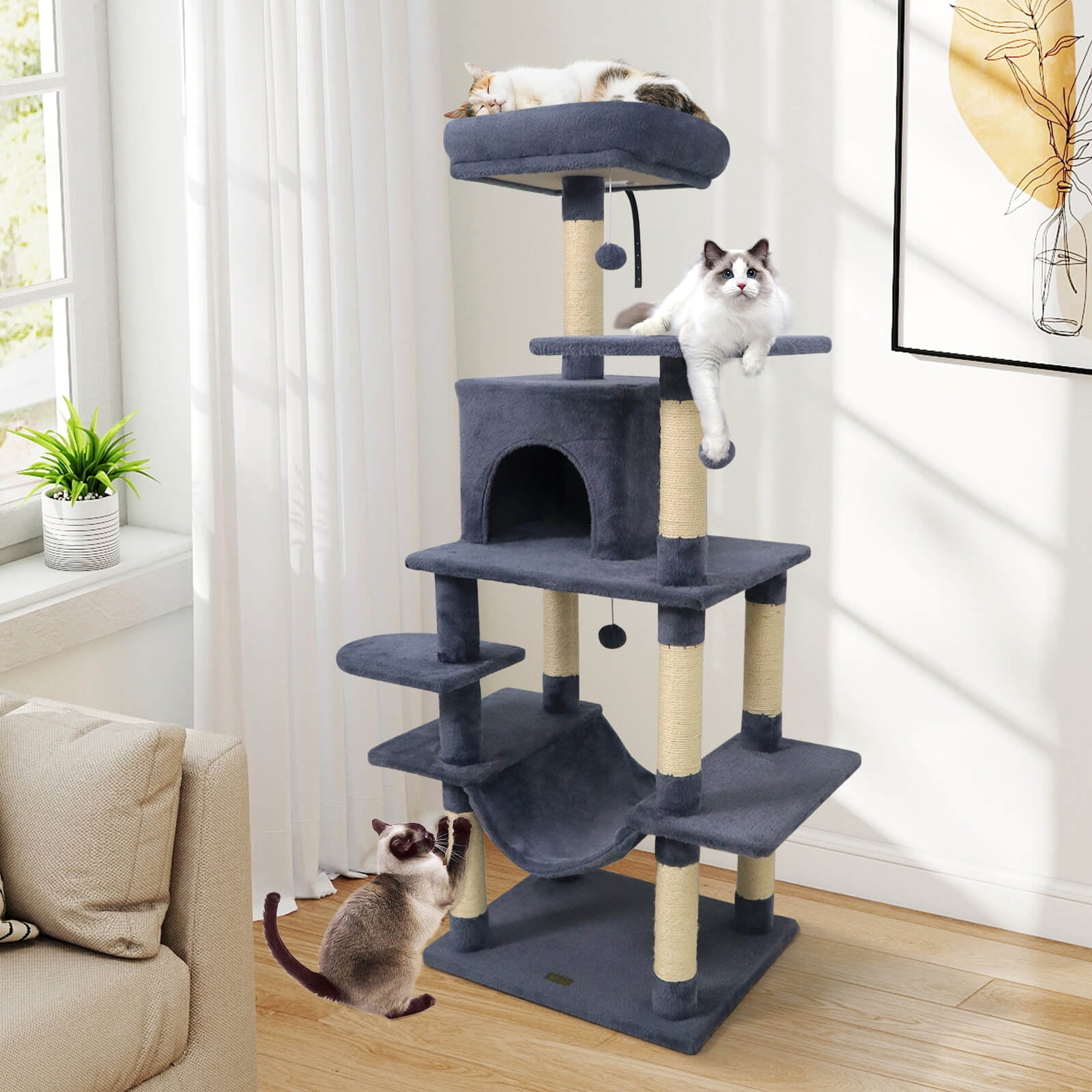 Costway 58” Tall Multi-level Cat Tree with Upholstered Perch & Cat Condo, Comfy Hammock Dark Gray