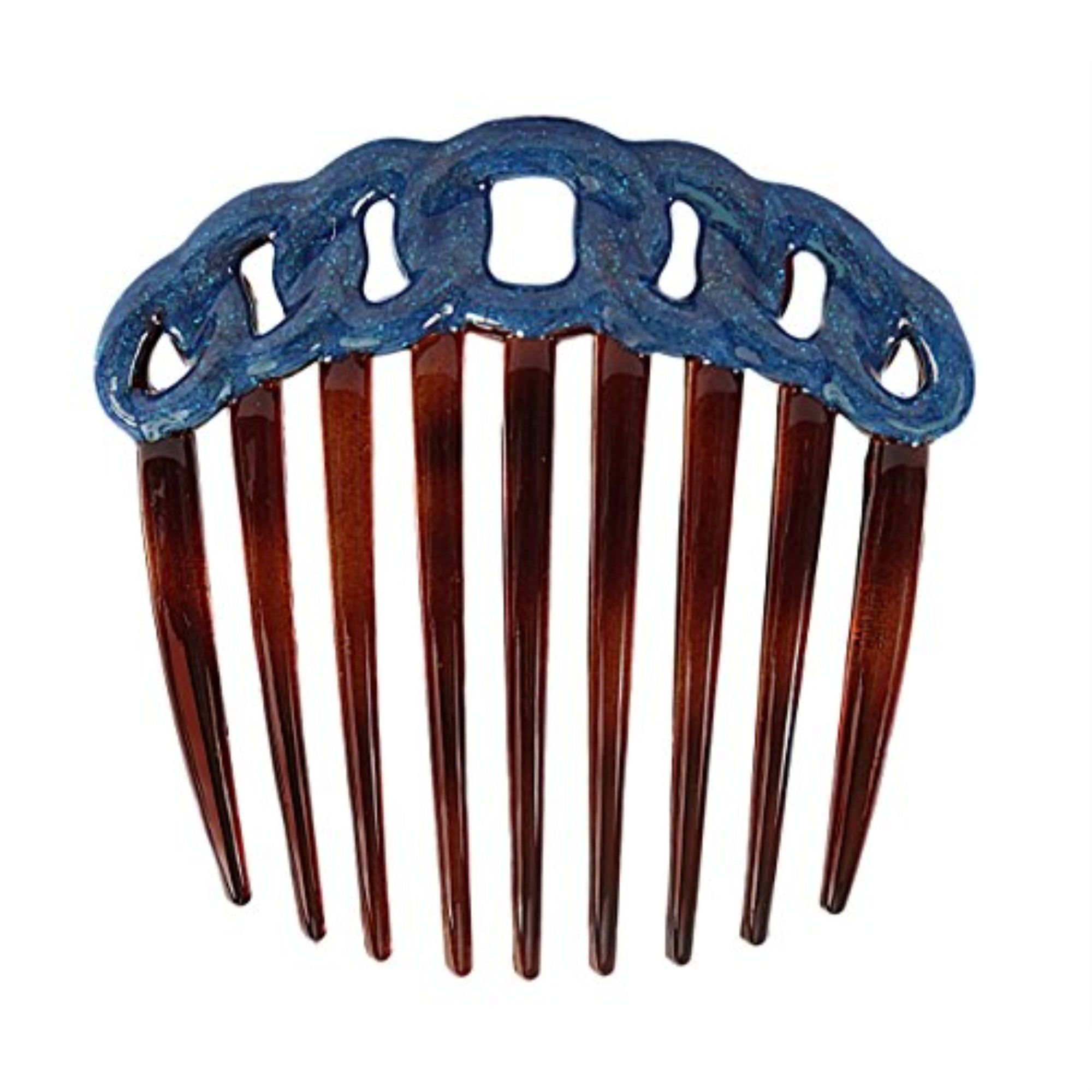 Caravan French Decorated Tortoise Shell Rope Design Twist Comb, Blue Enamel