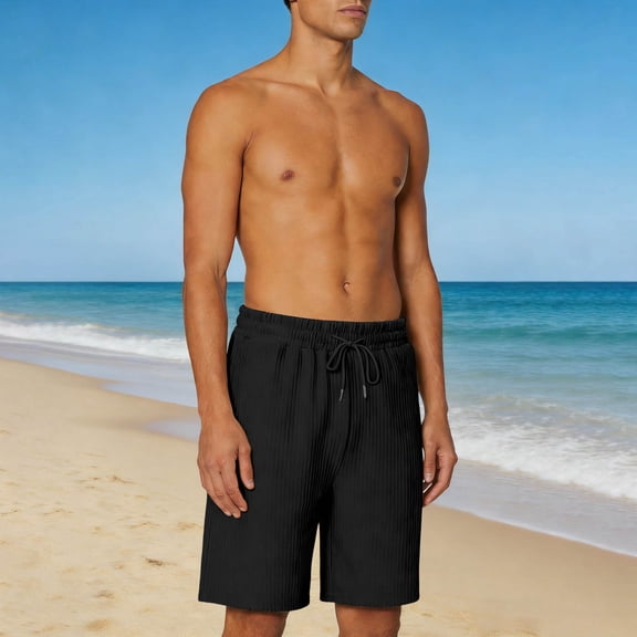 Ceisia Men's Solid Color Beach Casual Shorts with Elastic Drawstring Waist Pockets Comfortable Summer Pants Black Gifts for Father 2X