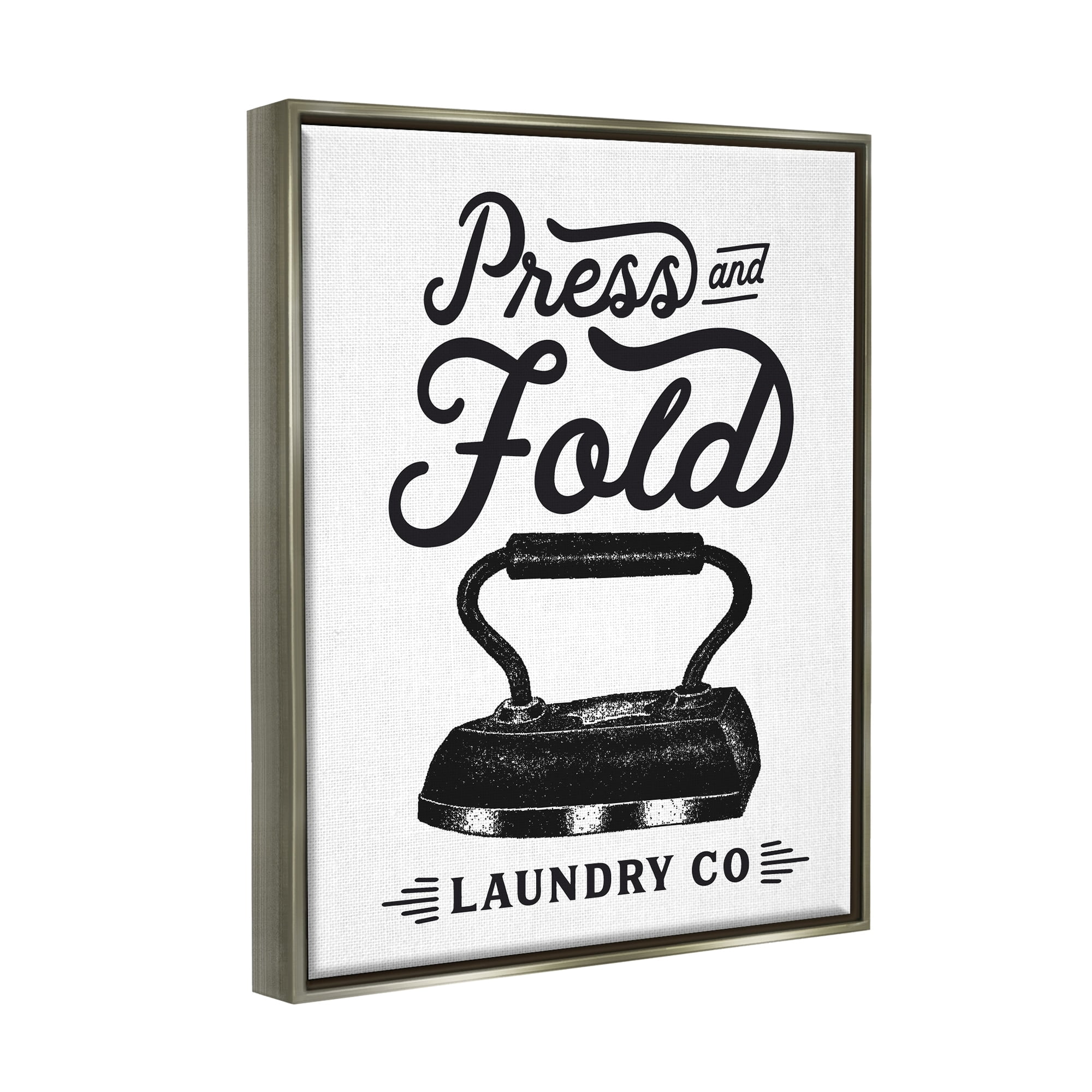 Stupell Industries Press & Fold Antique Iron Laundry Lettering Phrase Graphic Art Luster Gray Floating Framed Canvas Print Wall Art, Design by Lettered and Lined