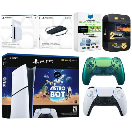 Sony PlayStation 5 Astro Bot Slim Digital Bundle with Disc Drive, Extra Controller, Vertical Stand, MightySkins Game Collection Services and 2 Year Extended Warranty - Chroma Teal