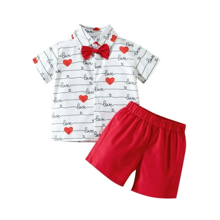 

B91xZ First Birthday Boy Outfit Toddler Boys Short Sleeve Heart Prints T Shirt Tops Shorts Child Kids Gentleman Outfits White Size 12-18 Months