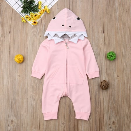 

Caitzr Newborn Baby Girls Romper Cartoon Shark Print Long Sleeve Hooded Bodysuit