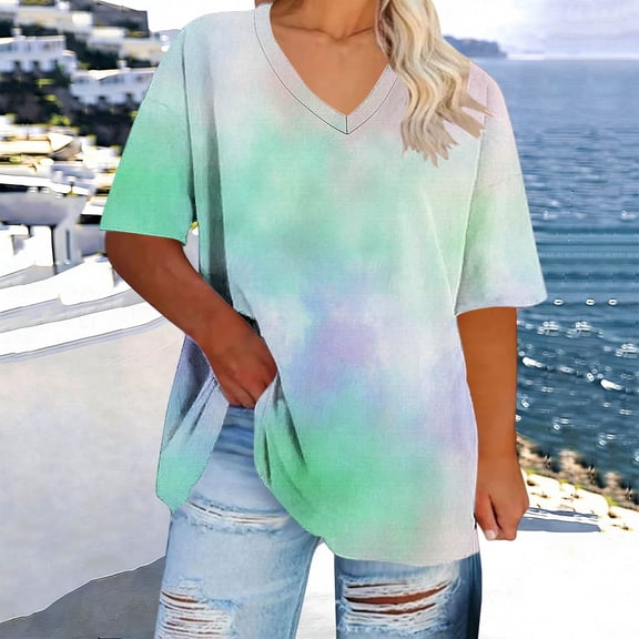 Mifsaly Womens Oversized Tee Shirts Tie Dye V Neck Short Sleeve T-Shirts Soft Lightweight Everyday Relaxed Fit Versatile Casual Summer Tops White,XXL