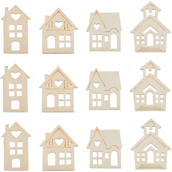 24Pcs 2 Sizes Christmas Wood Ornaments Unfinished House Shape Tag Slices Tree Home Hanging Craft Wooden Cutouts Embellishments for DIY Xmas Ornament Wedding Birthday Party Gifts Decor
