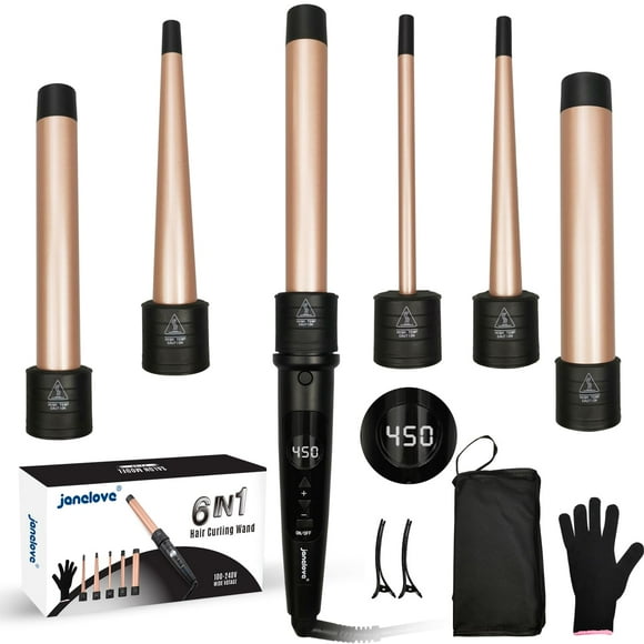 Rizador de pelo 6 en 1 – Janelove 180-450 ℉ rizadores de pelo de cerámica de larga duración, juego de rizador de 0,35 a 1,25 pulgadas para todo el cabello de las mujeres, ondulador de pelo de 110-220