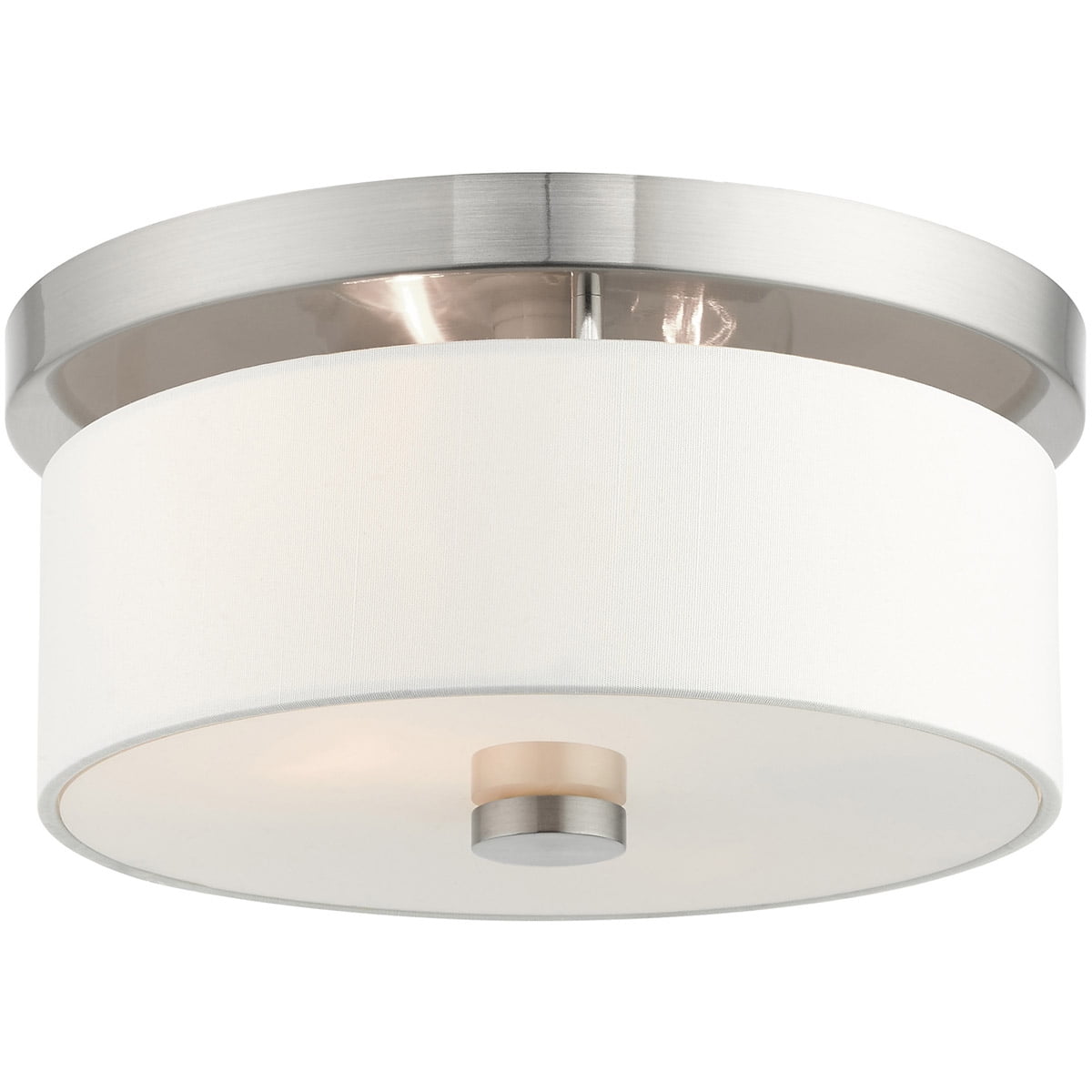 2 Light Brushed Nickel Ceiling Light fixture with Hand Crafted Off-White Fabric Hardback Shade