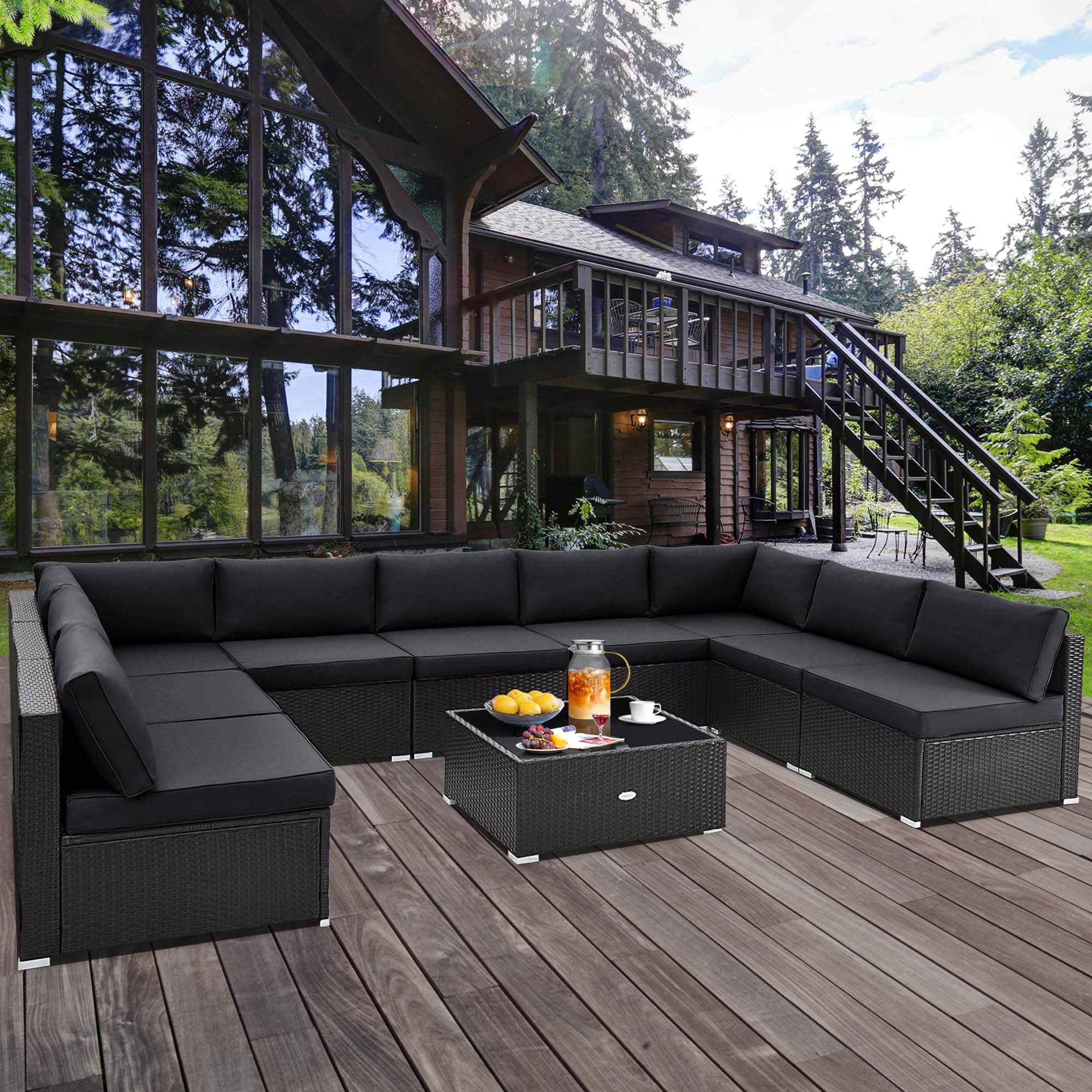 Costway 10 PCS Patio Rattan Furniture Set Outdoor Wicker Sofa Table Cushioned Seat Black