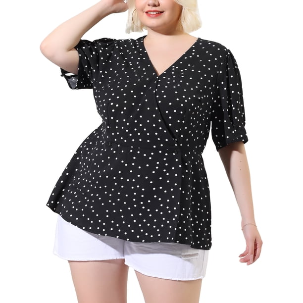 Blude talgrande pamujer con cuello en V y lunares, mancorta, peplum Negro 2X
