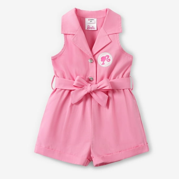 Barbie Girls Fashion Romper Pink Cotton Bowknot Belted Button Sleeveless Outfits Gifts Sizes 3-10