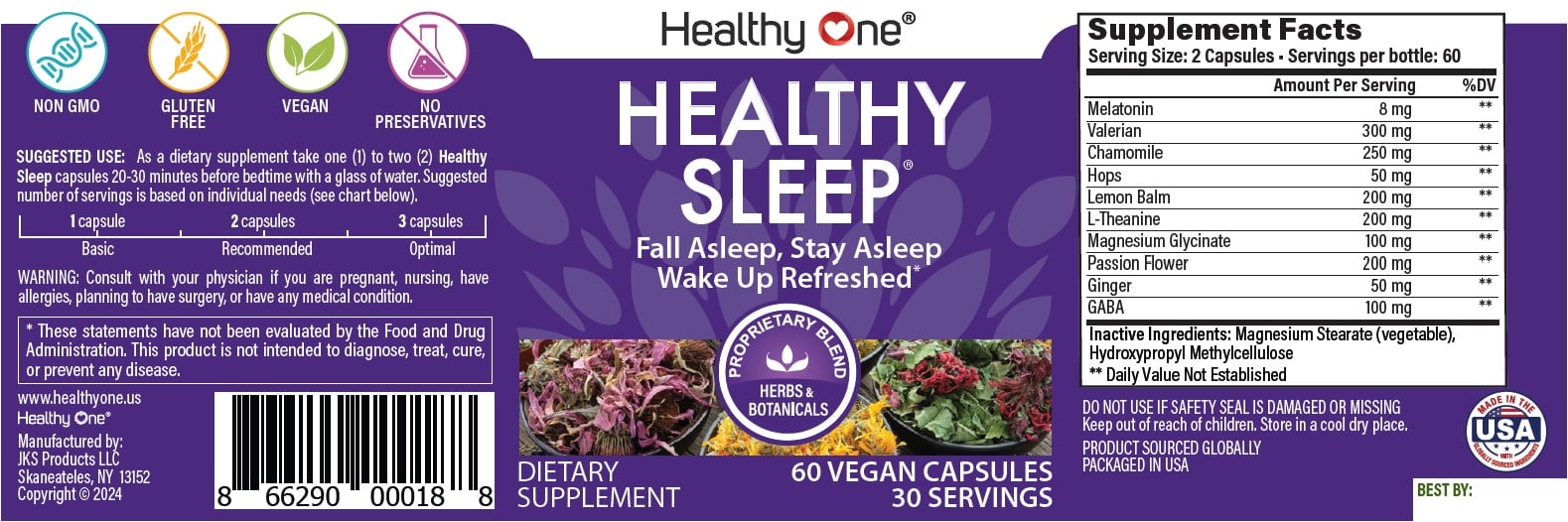 (6 pack) Healthy One Healthy Sleep Supplement, Melatonin, plus 9 other Ingredients. 60 Capsules