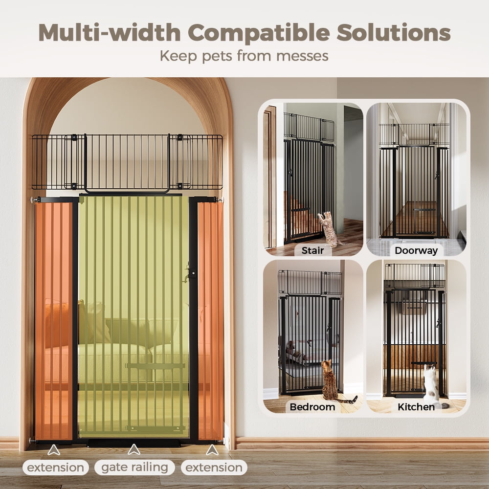 Pet Gate with Cat Door,Domipet 71 inch Extra Tall Dog Gate,29.5''-40.6''Wide Gate Pressure Mounted Full Door Pet Gate for Doorway Stairs,Black