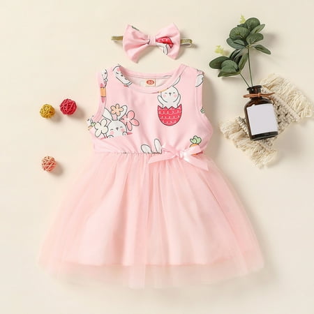 

LAWOR Toddler Baby Girls Net Yarn Easter Rabbit Flowers Print Sleeveless Bow Skirt Dress