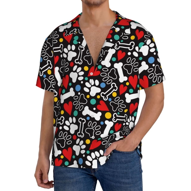Fotbe Paw And Bones Camisa Estampada de Manga Corta para Hombre, Casual de Verano, Estilo Playero, Sin Arrugas-Medium