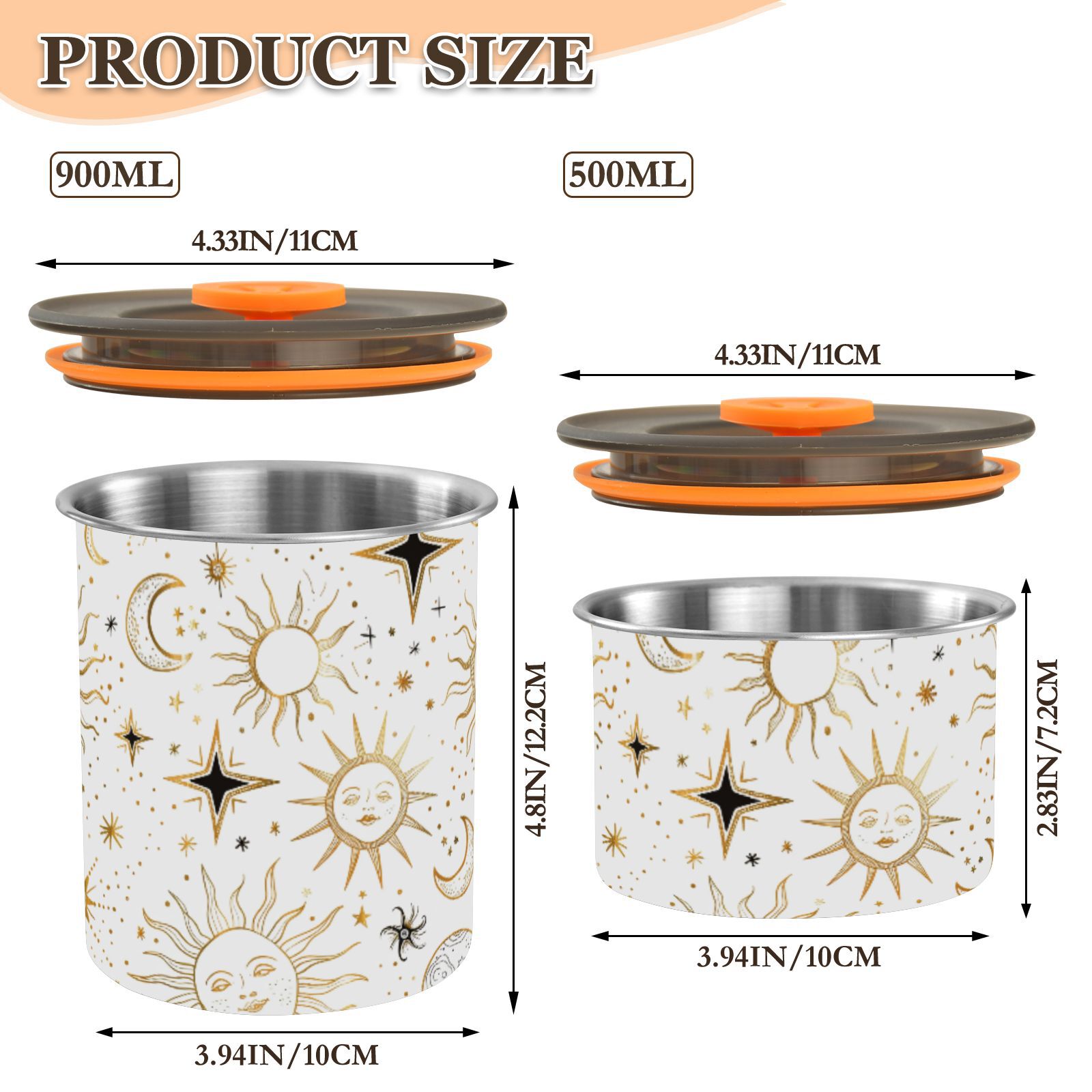 Sun Star Crescent Moon Doodle Airtight Coffee Bean Canister 30oz Food Storage Containers with Lids For Gournd, Tea, Sugar, Flour, Rice, Cereal, Candy Cookie Jar