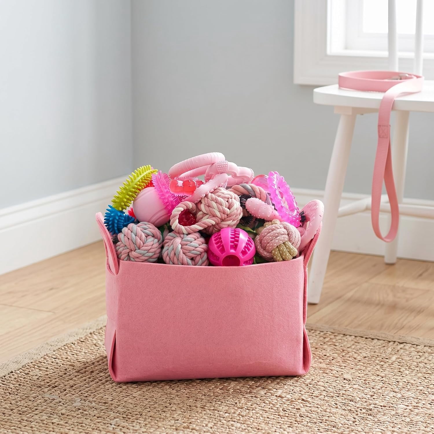 Puppy Toys Set - 20 Pack Pink Dog Chew Toys for Teething Small Breeds - Tough Rope Toys for Puppies, Cute Soft Rubber Toys Bundle with Basket for Girl Pets