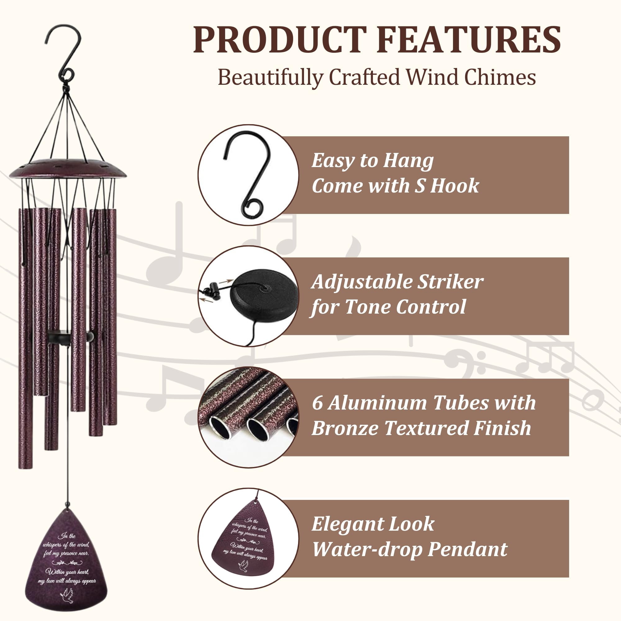 Memorial Wind Chimes For Loss Of Loved One  33.5 Inch Outside Windchimes In Memory A Sympathy Bereavement Remembrance Funeral Gift