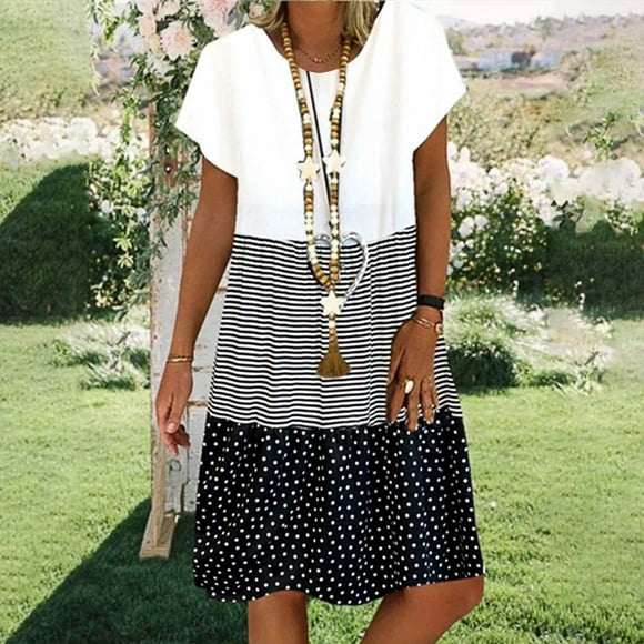 Baikeli Prime Dresses for Women Fashion Women Casual Loose Stripe Patchwork Round Neck Short Sleeves Dress Dresses for Women 2024