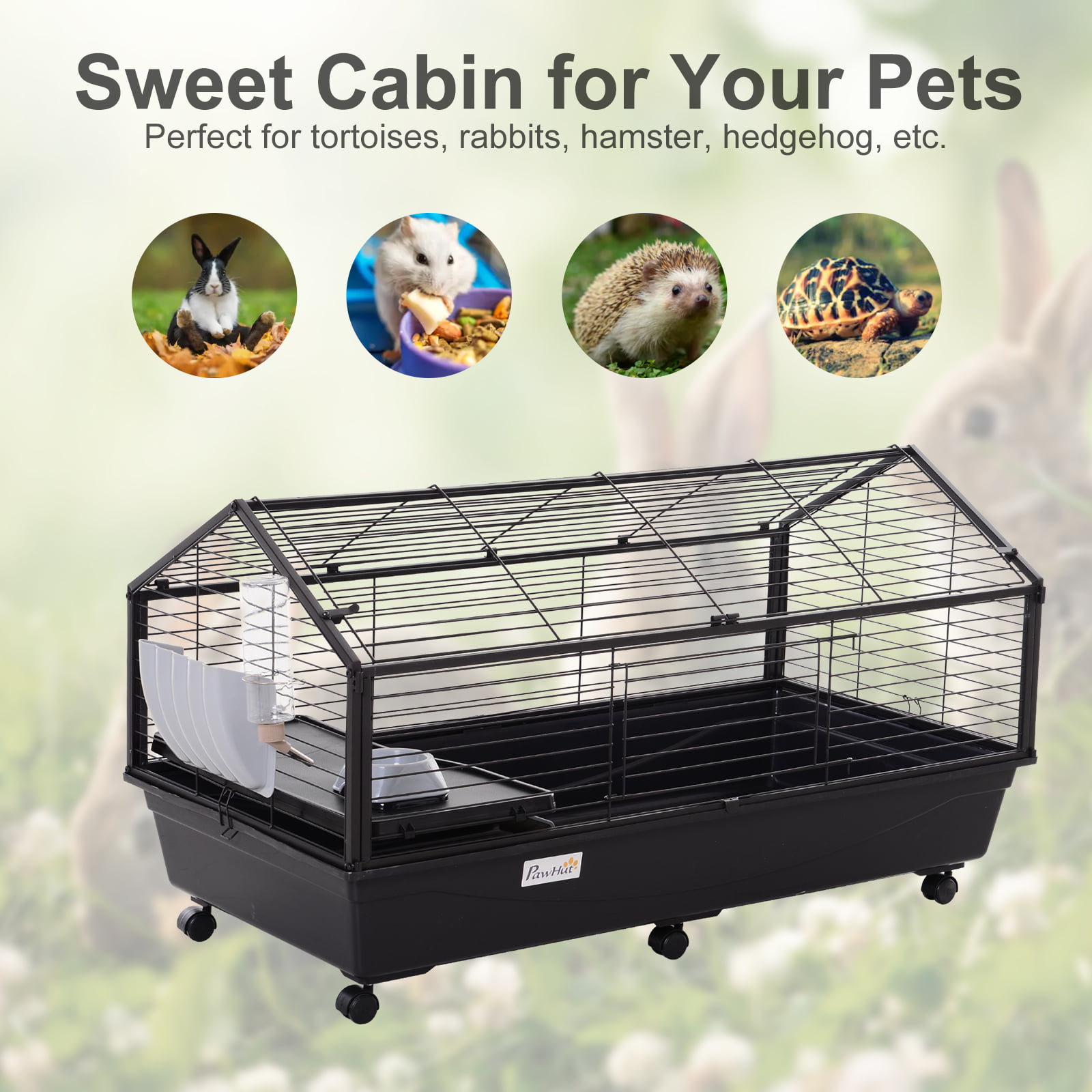 PawHut Rolling Metal Rabbit, Guinea Pig, or Small Animal Hutch Cage with Main House and Run, 47 L