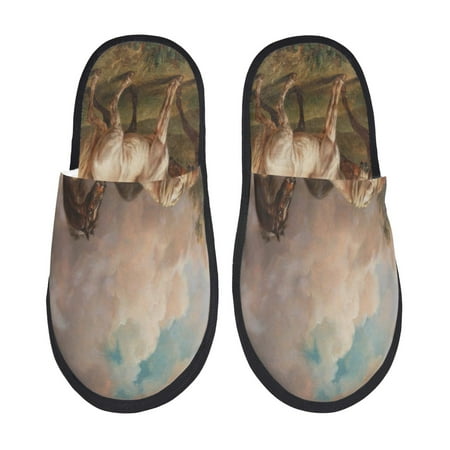 

Fuzoiu Three Horses Oil Painting Print Unisex Furry Slippers Plush Indoor Shoes Trendy House Slippers Anti-Skid EVA Sole House Shoes for Home Office and Travel -Medium